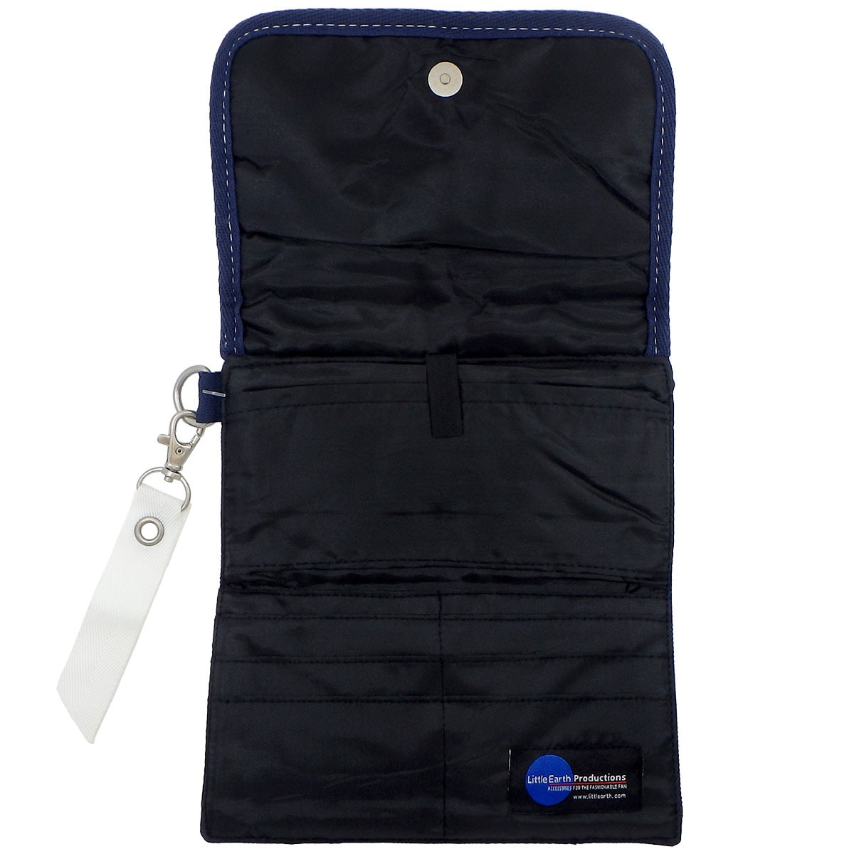 opened polyester wallet organizer with magnetic flap closure, credit card slots, smart phone pocket, and cash pocket